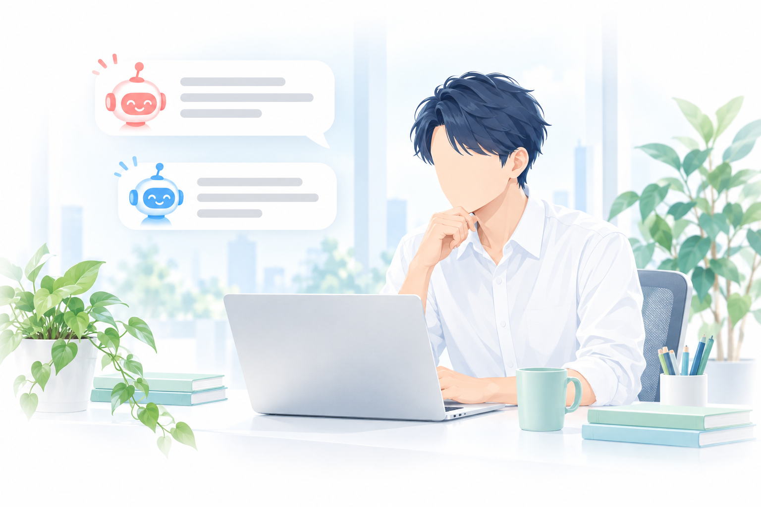 明るいオフィスでAIと相談しながらノートパソコンを使う社員