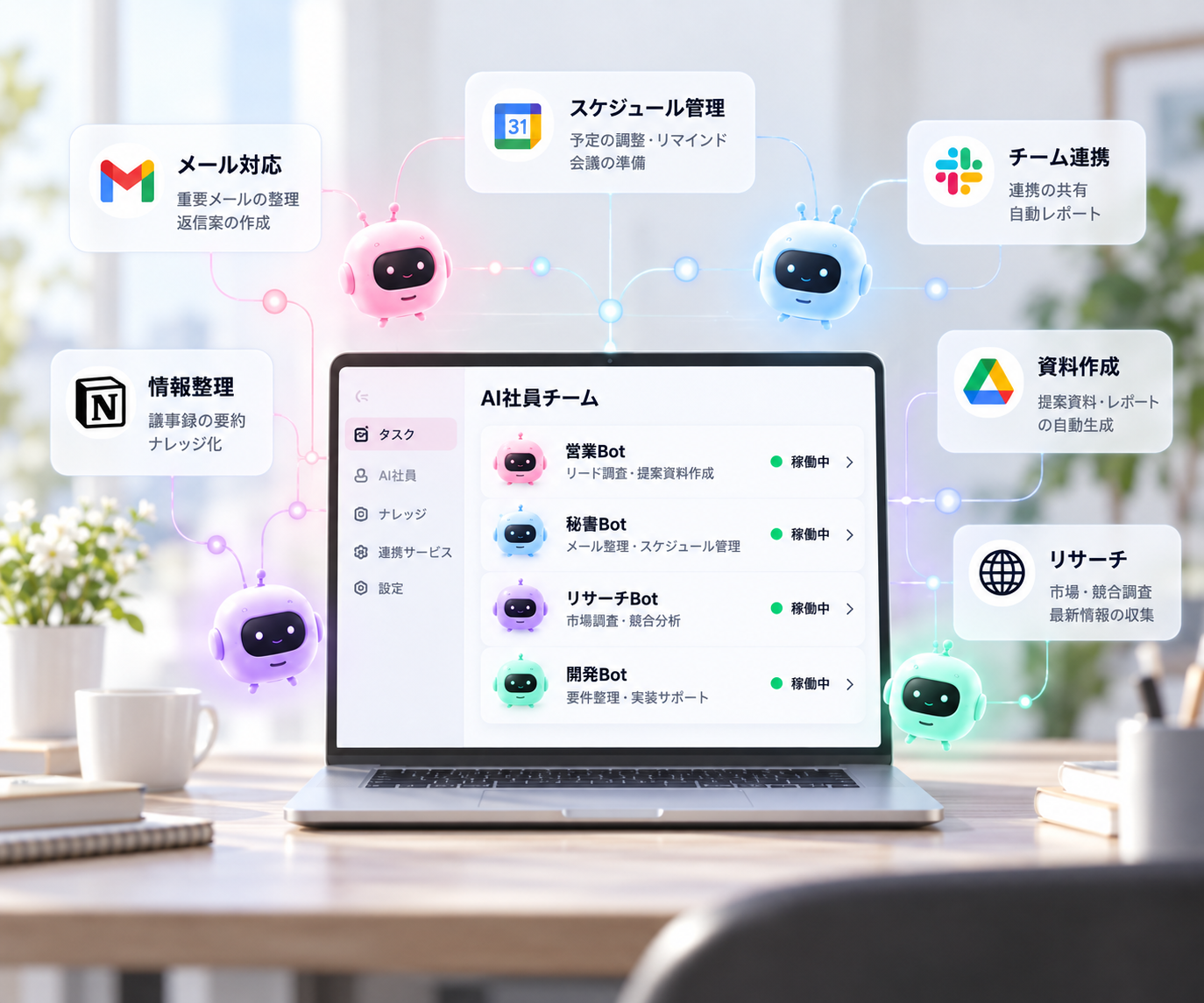 デスク上のパソコンに表示されたAI社員チームと、メール・予定・資料作成などを担う4体のBot