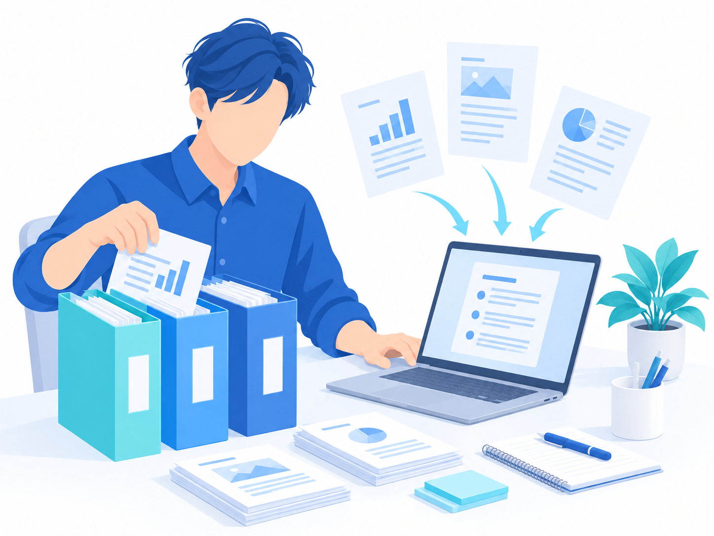 複数の資料を読み込み、報告書を作成する報告Botのイラスト